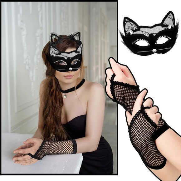 Black Cat Costume Set for Women Includes Masquerade Mask Cat Socks Lace Ears Cho - Picture 7 of 7